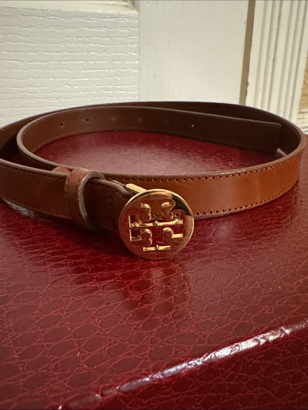 Tory Burch Brown Leather Belt with Gold Buckle